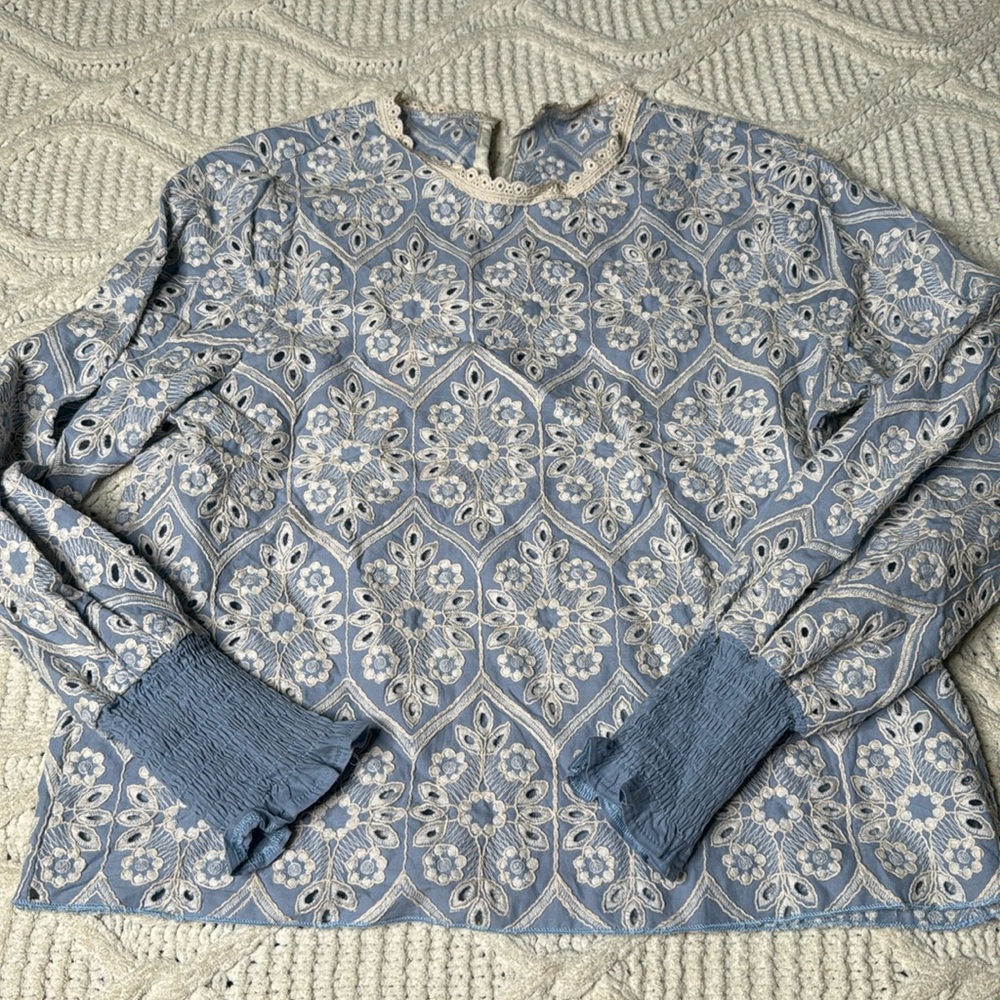 Blue eyelet lace long sleeve top size small